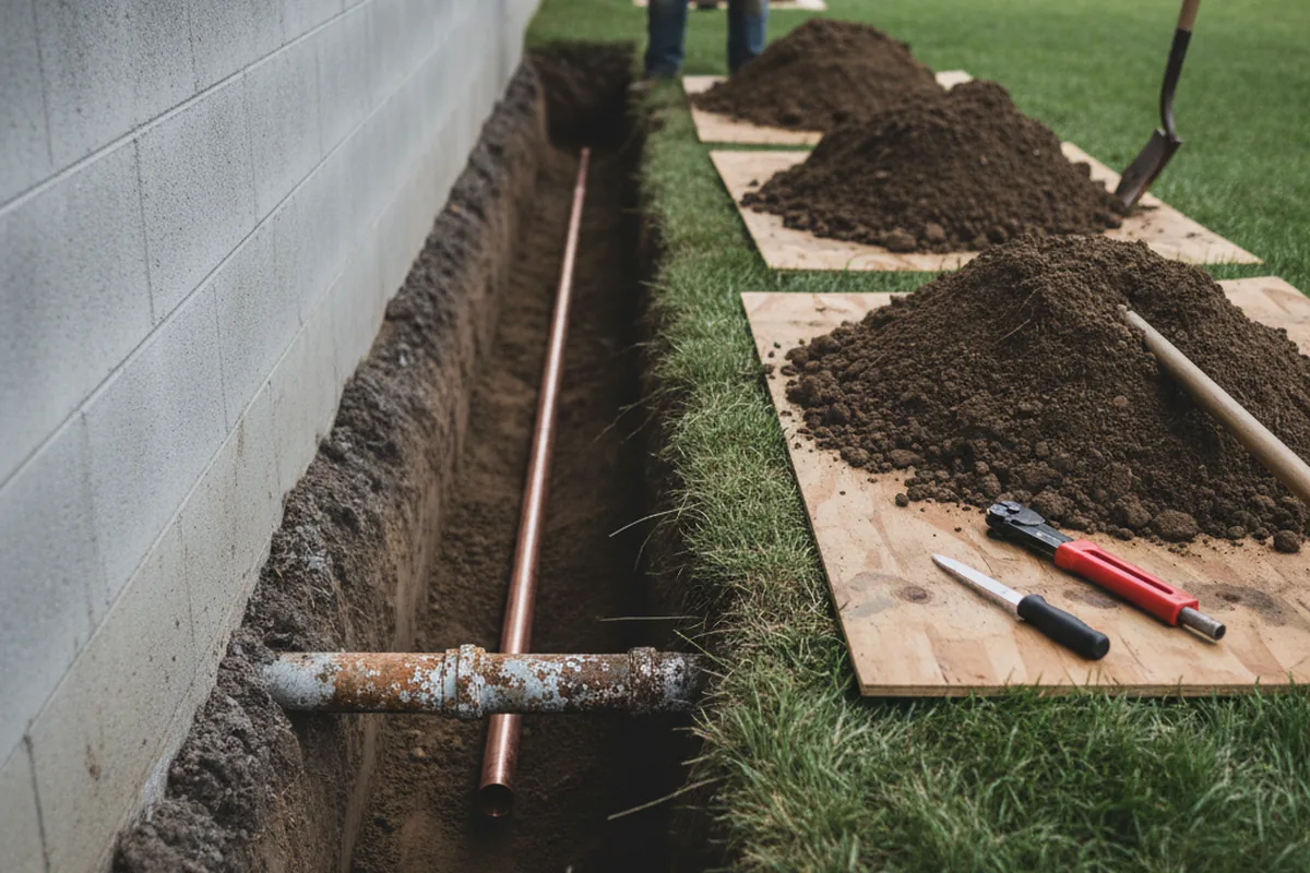 Excavated water line trench during Water Softener Installation in Carney
